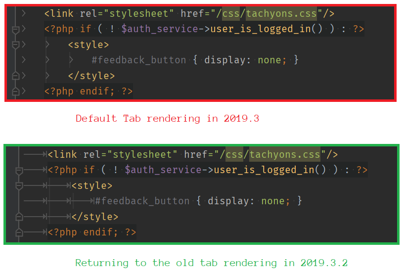 A Comparison of default tab rendering in PHPStorm